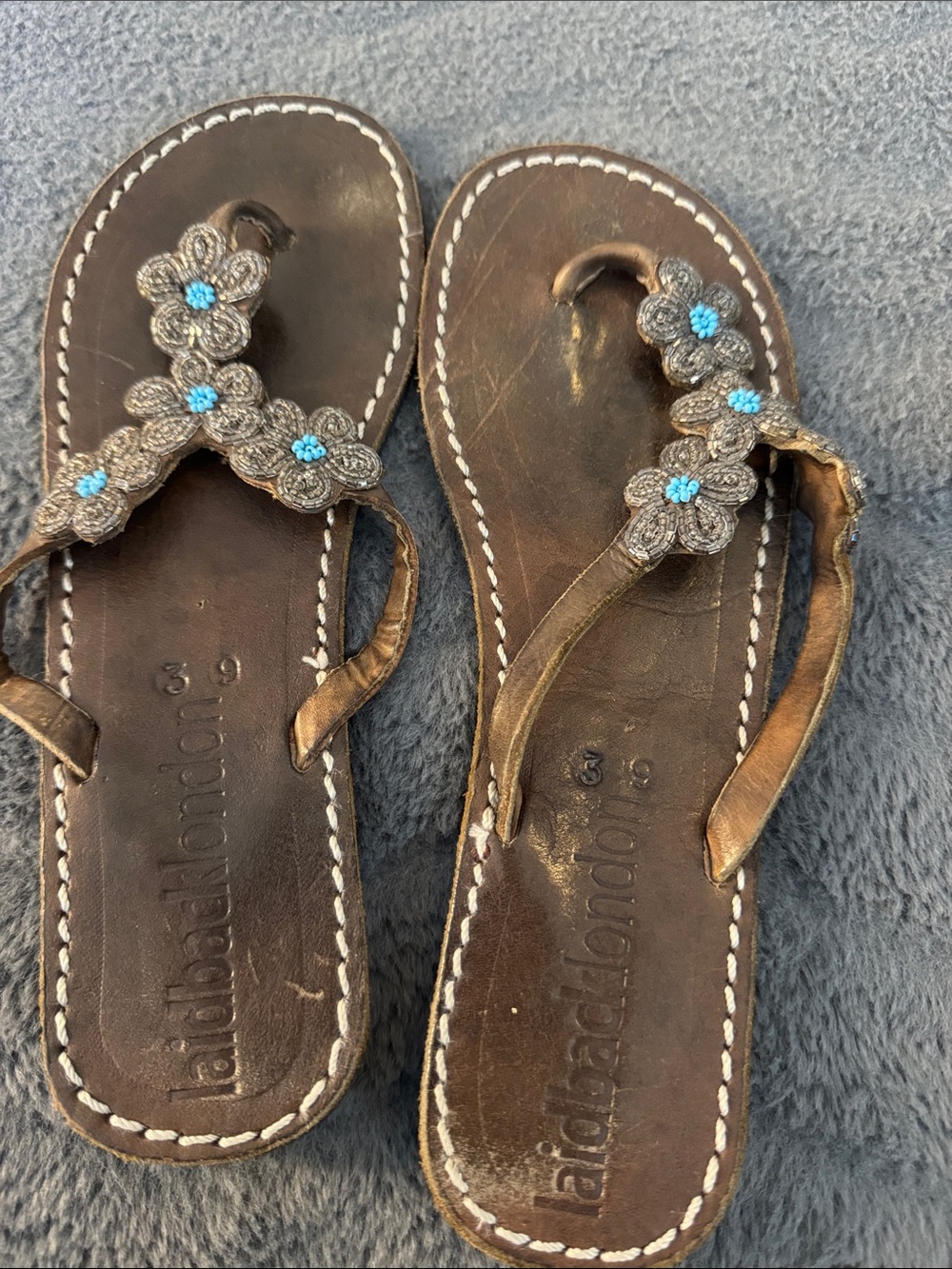 Beaded Floral Brown Leather Thong Sandals - Women
